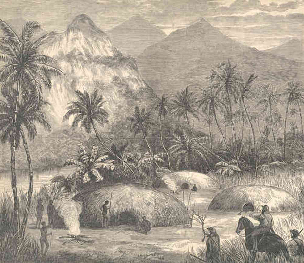 Aboriginals and huts illustration Trinity Bay Far North Queensland by Samual Calvert circa 1877