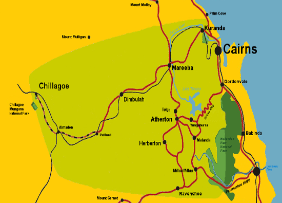 map of north Queensland Cairns and hinterland region including Atherton Tablelands